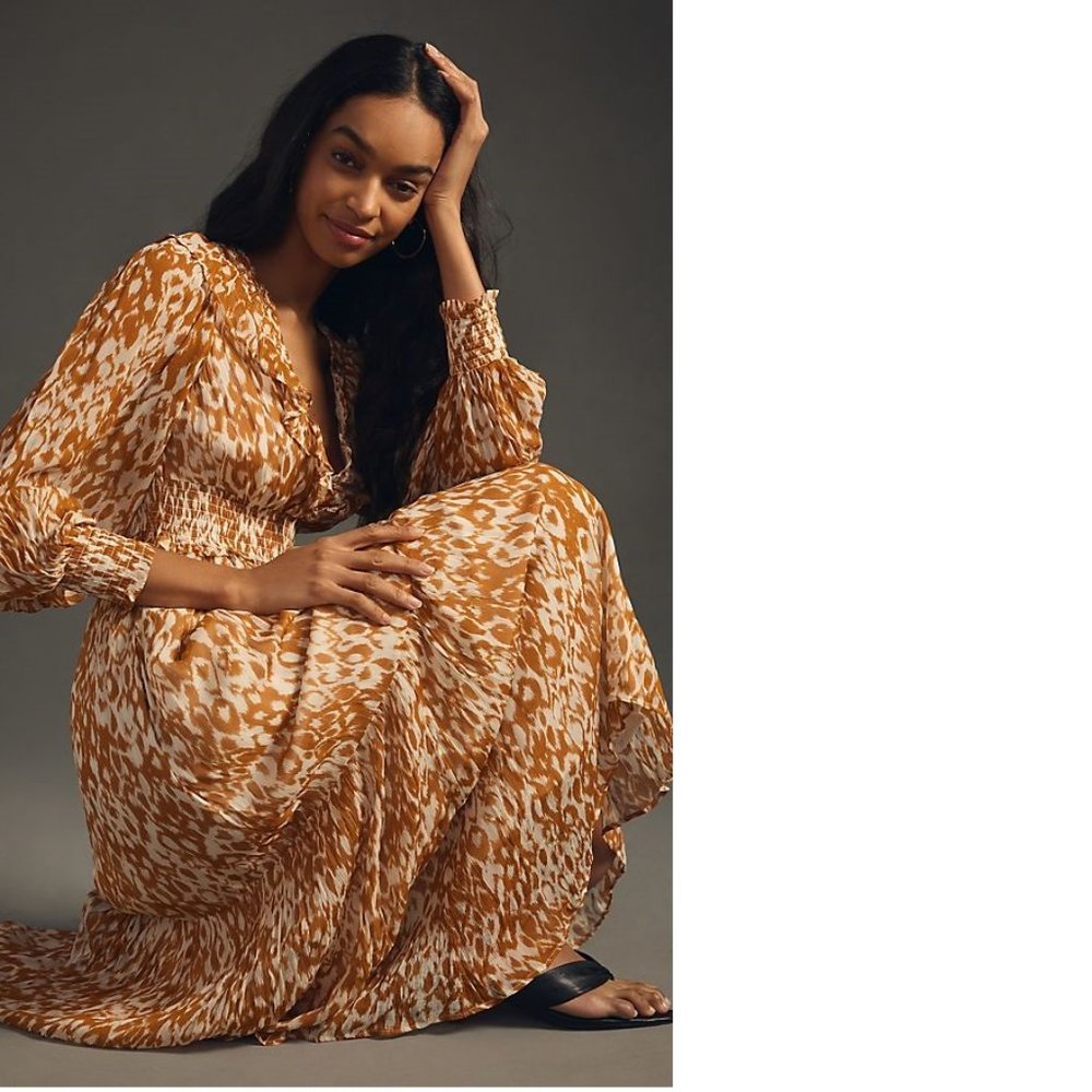 Anthropologie The Odetta Ruffled V-Neck Dress size S honey color new - Picture 2 of 10